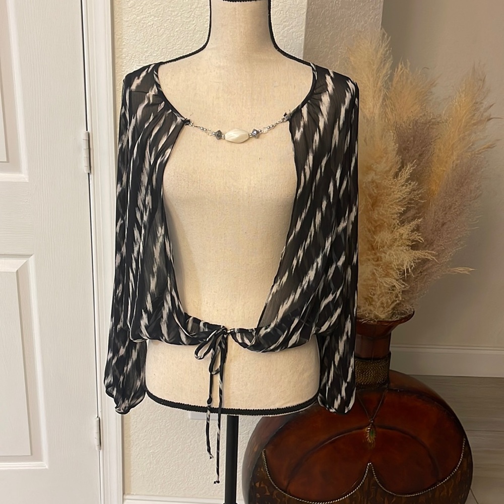🖤🤍 Nicola Fully sheer top,long sleeves, open front, small, removable chain,S